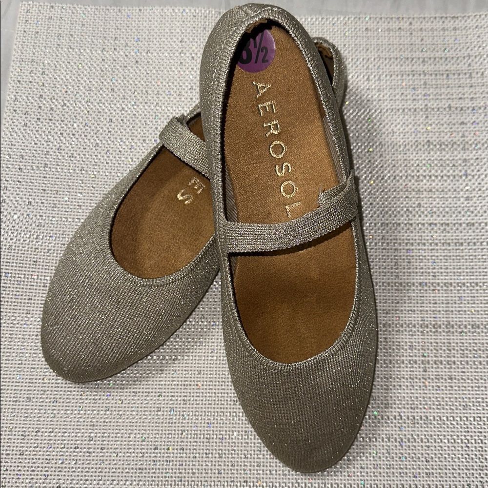 AEROSOLES 8.5 BOAZ Tan Gold Metallic Comfortable Knit Mary Jane Ballet Flats